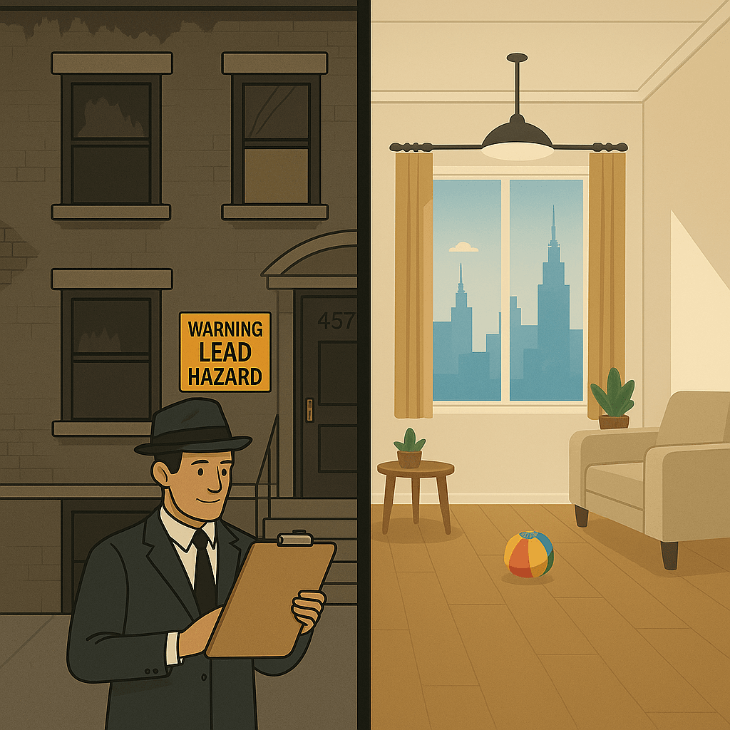 NYC apartment lead paint violation illustration showing inspector with clipboard outside deteriorated building and safe renovated interior.