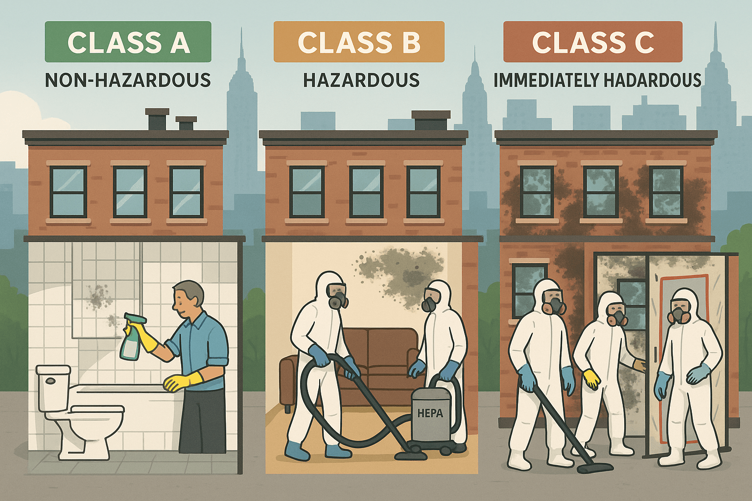 Infographic of NYC HPD mold violations showing Class A non-hazardous mold cleaned by landlord, Class B hazardous mold remediated with HEPA vacuums, and Class C immediately hazardous mold requiring professional contractors in protective suits, with New York City apartment buildings in the background