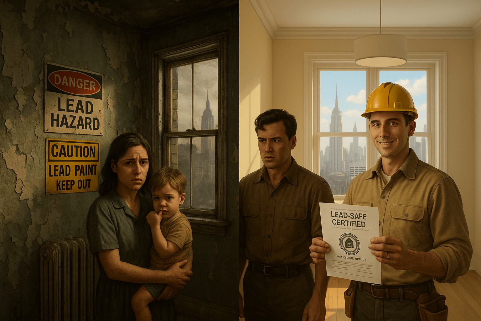 Split-scene of a New York City apartment showing the dangers of lead-based paint. On the left, a worried mother holds her child in a deteriorating room with peeling paint and lead hazard warning signs. On the right, the same apartment is renovated, bright, and safe, with a smiling certified contractor holding a 'Lead-Safe Certified' document. The NYC skyline is visible through the window, symbolizing housing safety regulations