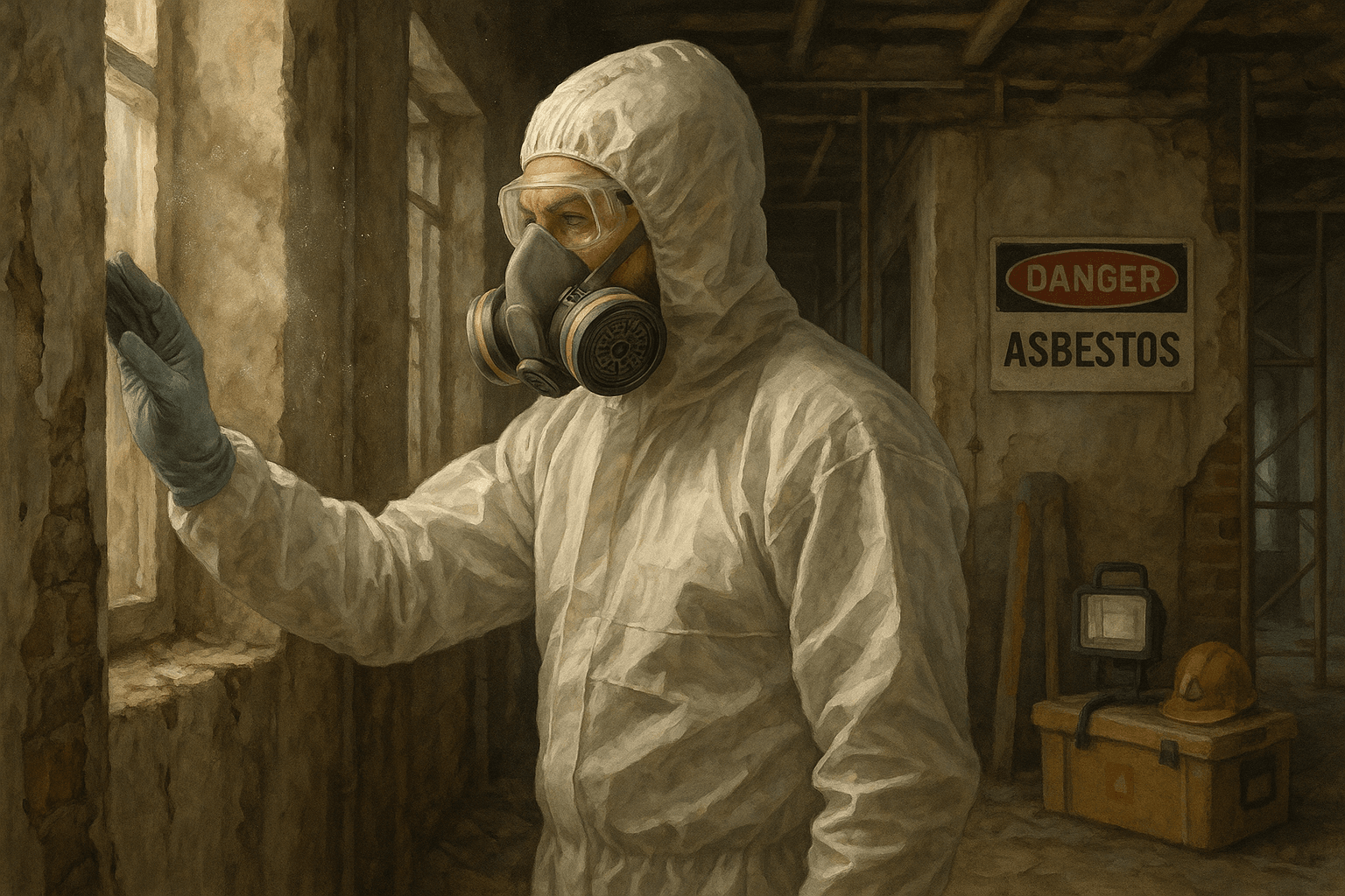Construction worker in protective hazmat suit inspecting asbestos in an old building during renovation with safety warning signs