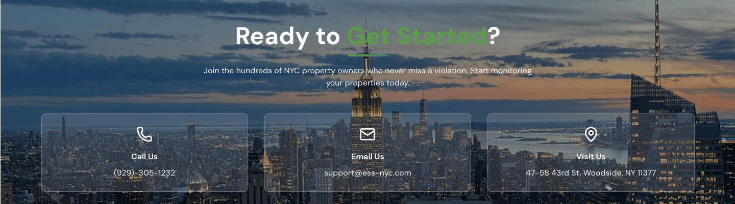 NYC skyline at dusk with "Ready to Get Started?" headline and contact information for call, email, and physical visit.