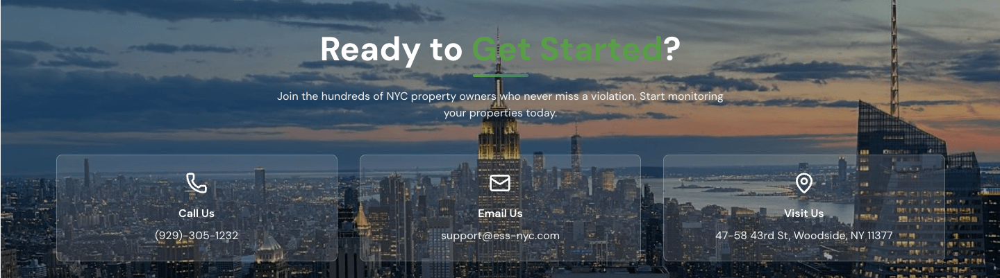 NYC skyline at dusk with "Ready to Get Started?" headline and contact information for call, email, and physical visit.