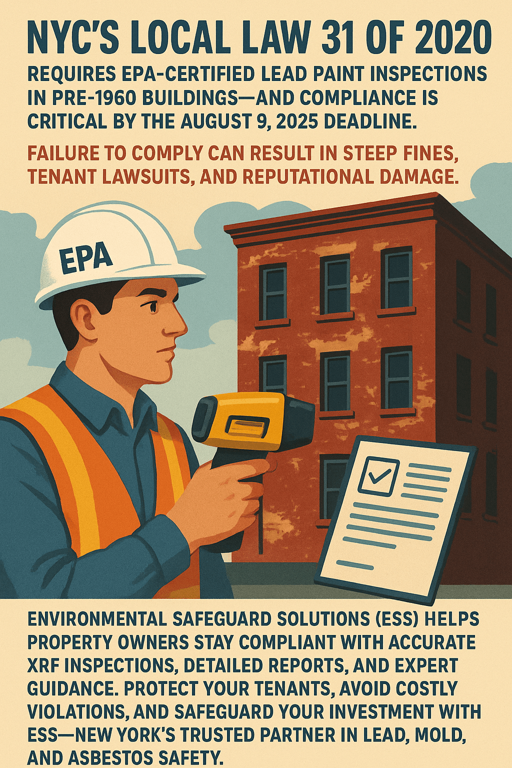NYC Local Law 31 lead paint inspection in pre-1960 buildings by EPA-certified inspector with XRF device, compliance deadline August 9, 2025