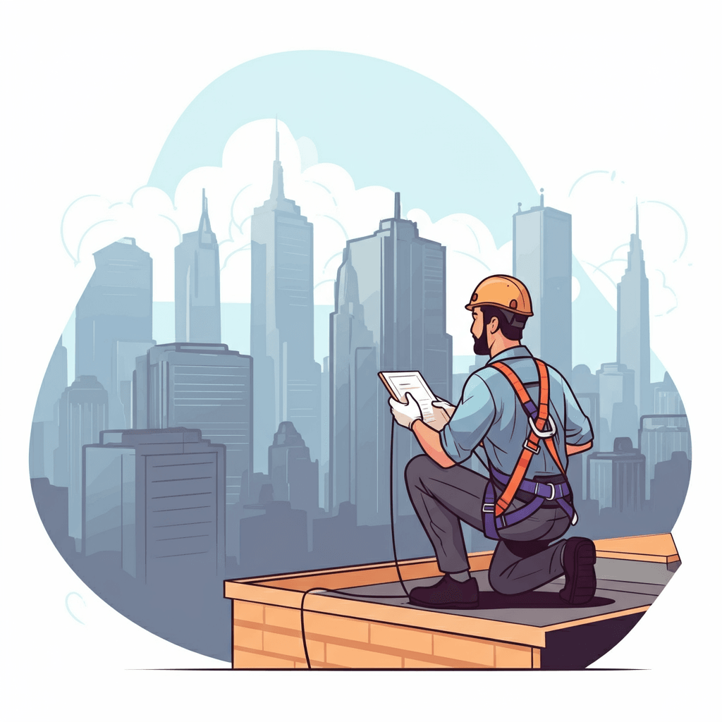 Building inspector in safety harness examining a parapet wall on a rooftop with New York City skyline in the background.