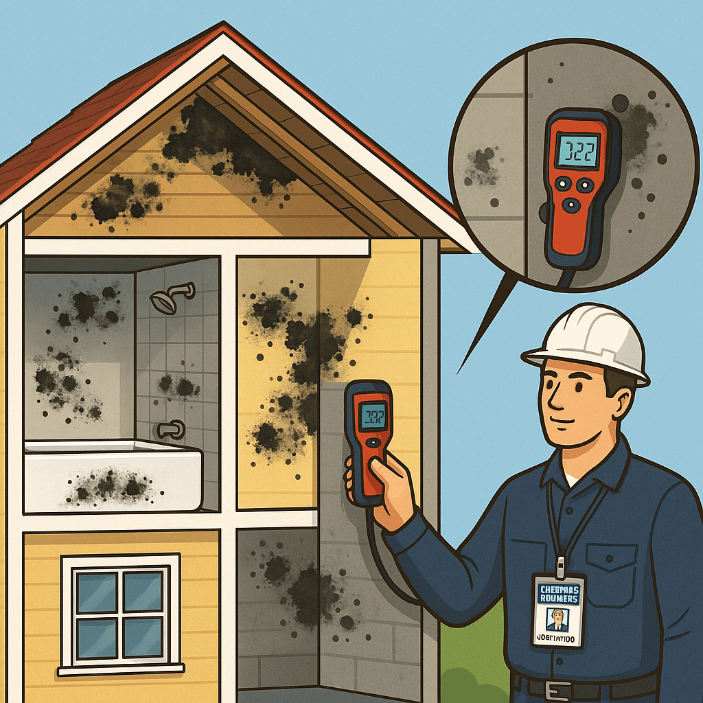 A building inspector uses a moisture meter inside a cross-section of a house with extensive black mold.