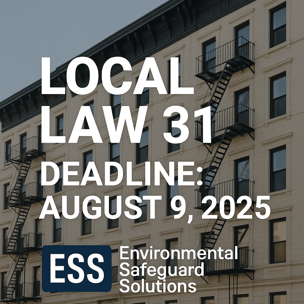 New York City apartment building with fire escapes and text overlay reading ‘Local Law 31 – Deadline: August 9, 2025.’ Image promoting Environmental Safeguard Solutions (ESS), a certified lead inspection company helping landlords comply with NYC lead paint regulations.